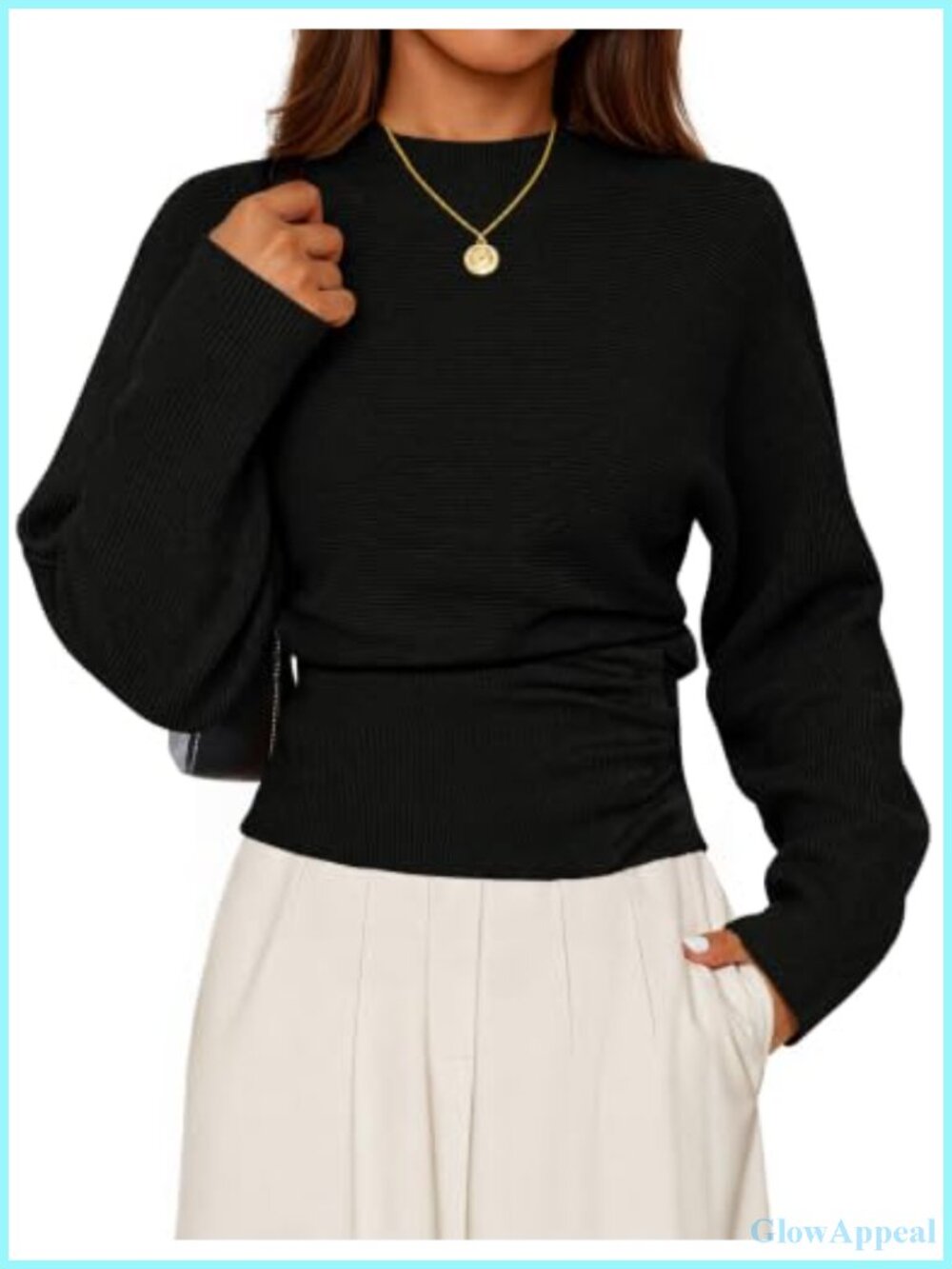 Mock Neck Batwing Sleeve Sweater Cinched Waist Pullover